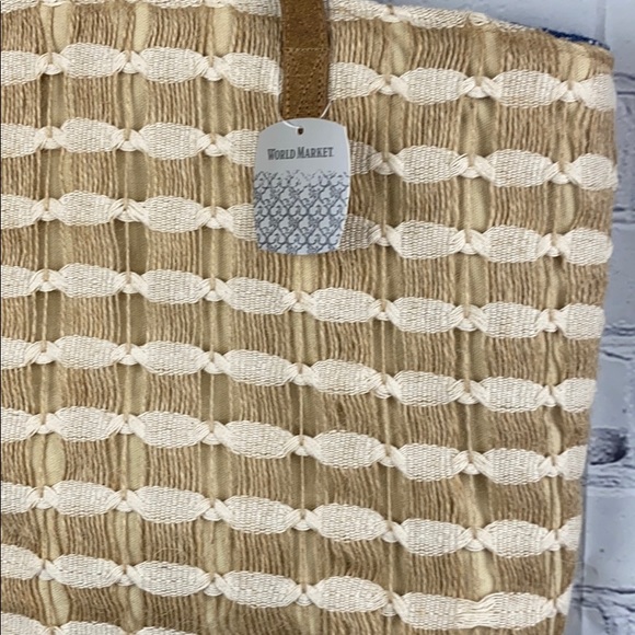 World Market Embroidered Jute , canvas with leather handles Reusable Tote - Picture 2 of 5